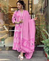*Cotton 3pis set*
Best Quality products always 
*Premium Heavy Cotton Full Printed Dress With Printed Plazzo With 2.20 Mitter Malmal Printed Dupatta*